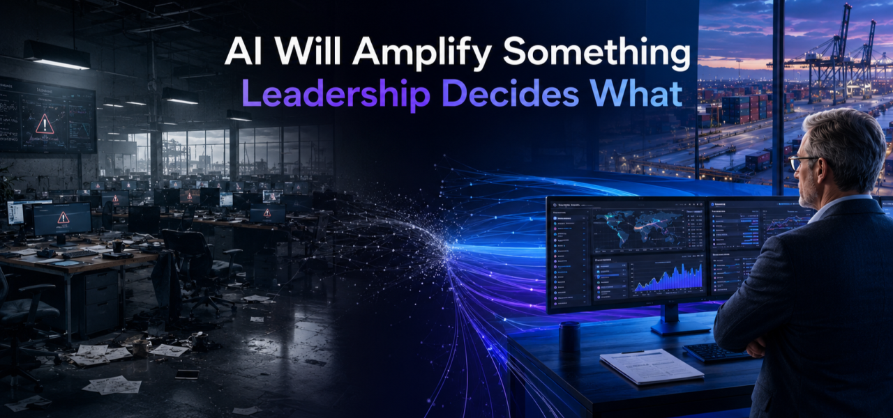Split scene reading AI Will Amplify Something, Leadership Decides What: a dark chaotic operations office full of error screens on the left, an executive calmly overseeing a port through clear real-time dashboards on the right.