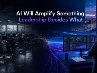 Split scene reading AI Will Amplify Something, Leadership Decides What: a dark chaotic operations office full of error screens on the left, an executive calmly overseeing a port through clear real-time dashboards on the right.