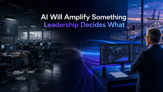 Split scene reading AI Will Amplify Something, Leadership Decides What: a dark chaotic operations office full of error screens on the left, an executive calmly overseeing a port through clear real-time dashboards on the right.