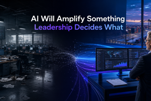 Split scene reading AI Will Amplify Something, Leadership Decides What: a dark chaotic operations office full of error screens on the left, an executive calmly overseeing a port through clear real-time dashboards on the right.