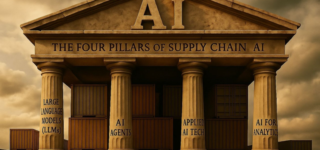 The Four Pillars of Supply Chain AI: a stone temple with columns labeled Large Language Models, AI Agents, Applied AI Tech, and AI for Analytics, standing on a foundation carved with the words GOOD DATA, shipping containers stacked behind.