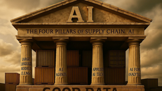 The Four Pillars of Supply Chain AI: a stone temple with columns labeled Large Language Models, AI Agents, Applied AI Tech, and AI for Analytics, standing on a foundation carved with the words GOOD DATA, shipping containers stacked behind.